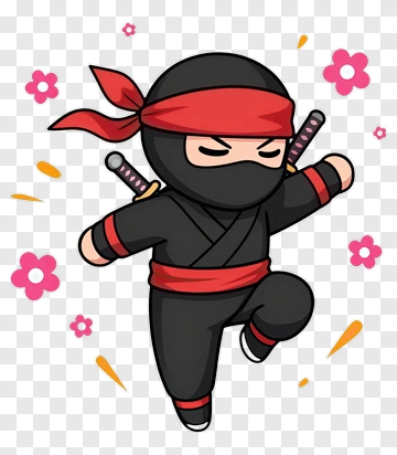 Cartoon Ninja Jumping With Flowers PNG
