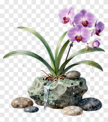 Orchid Plant With Waterfall On Rock Base PNG