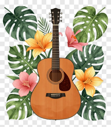 Acoustic Guitar Surrounded By Tropical Flowers And Leaves PNG
