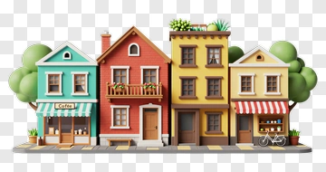 Colorful Row Of Houses With Coffee Shop PNG