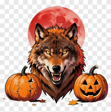 Cartoon Wolf With Halloween Pumpkins PNG