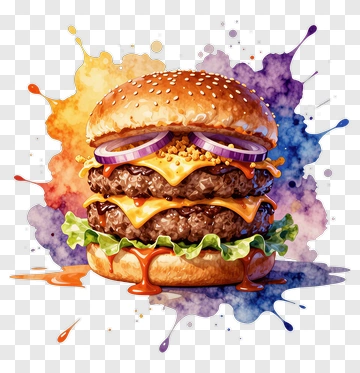 Colorful Watercolor Hamburger With Cheese And Onions PNG