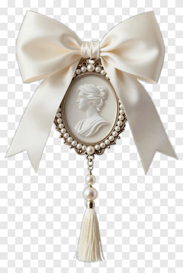 Elegant Cameo Brooch With White Bow PNG