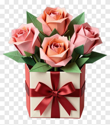 Colorful Paper Flower Bouquet In Gift Box PNG