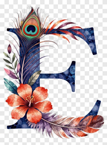 Floral Letter E With Peacock Feather And Hibiscus PNG