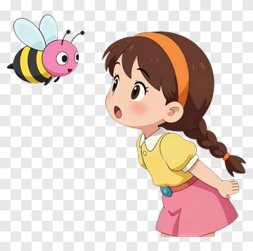Cartoon Girl Interacting With A Bee PNG