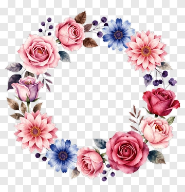 Flower Wreath With Pink And Blue Blooms PNG