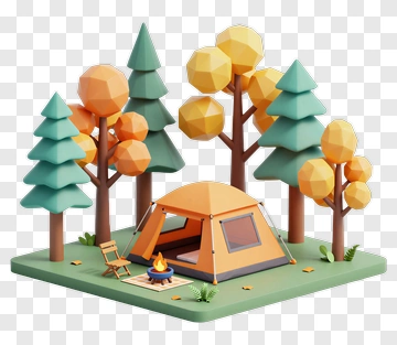 3D Camping Scene With Tent And Trees PNG