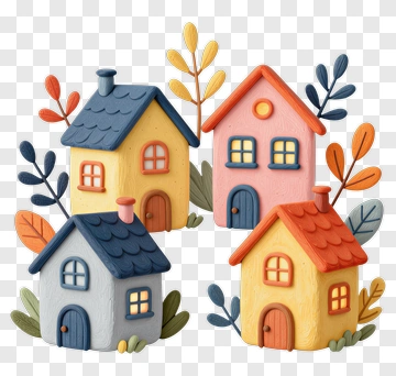 Colorful Felt Houses With Leaves PNG