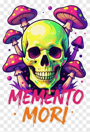 Colorful Skull Surrounded By Mushrooms With Memento Mori Text PNG
