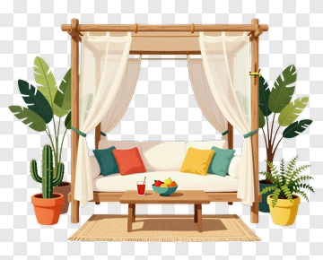 Outdoor Lounge Area With Cushions And Plants PNG