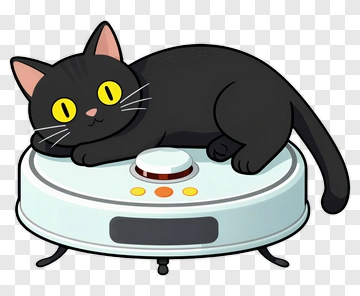 Cartoon Black Cat Sitting On A Robot Vacuum PNG