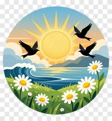 Sunrise Over Ocean With Birds And Flowers PNG