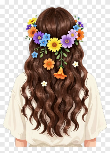 Woman With Long Wavy Hair And Floral Crown PNG