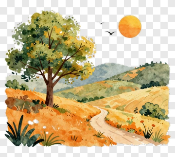 Watercolor Landscape With Tree And Sun PNG