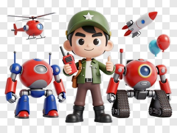 Cartoon Boy With Robots And Toys PNG