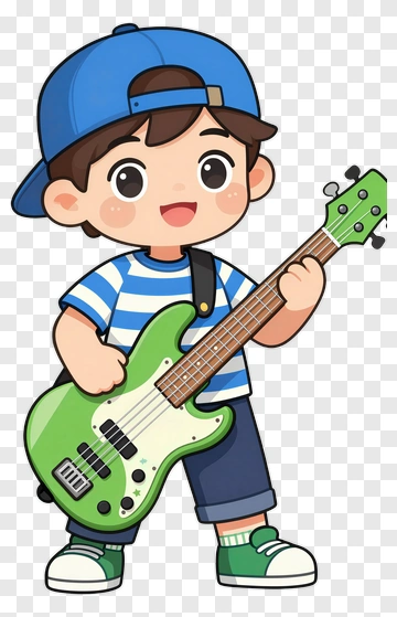 Cartoon Boy Playing A Green Electric Guitar PNG