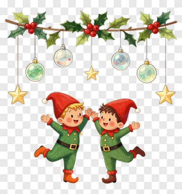 Happy Christmas Elves Celebrating With Ornaments PNG