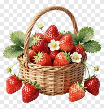 Strawberry Basket With Fresh Strawberries And Flowers PNG