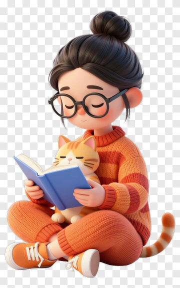 Cartoon Girl Reading A Book With A Cat PNG