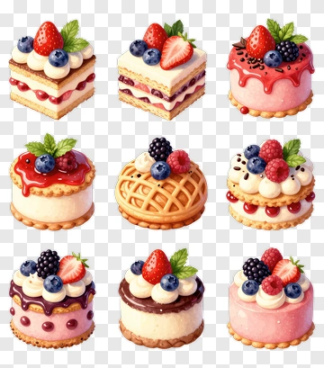 Colorful Dessert Cakes With Berries PNG
