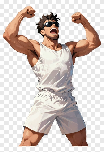 Cartoon Man Celebrating With Raised Arms PNG