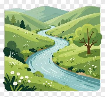 Scenic River Flowing Through A Green Valley PNG