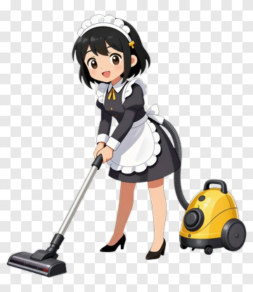 Cartoon Maid Vacuuming With A Yellow Vacuum Cleaner PNG