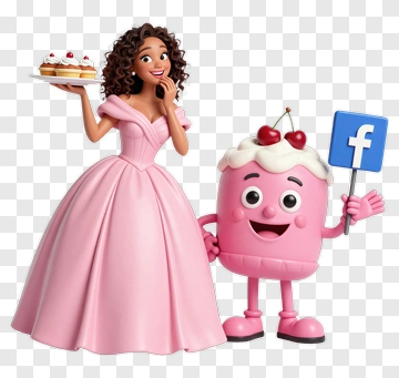 Cartoon Woman In Pink Dress Holding Cake With Cartoon Character PNG