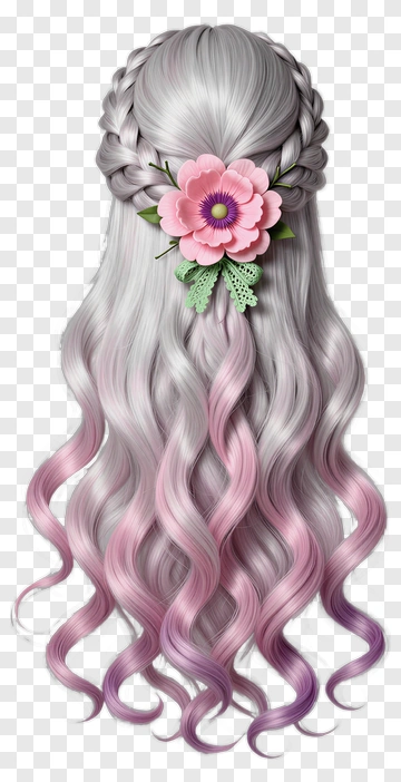 Long Wavy Hair With Pink Ombre And Flower Decoration PNG