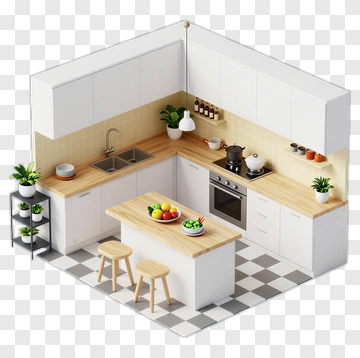 Modern Kitchen With Island And Plants PNG