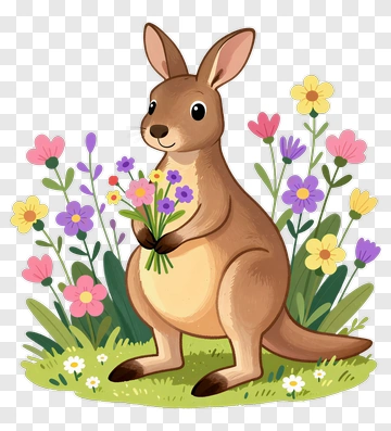 Cartoon Kangaroo Holding A Bouquet Of Flowers PNG