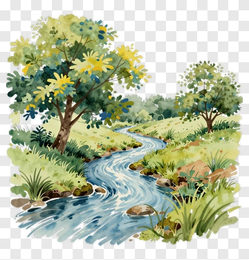 Watercolor River Flowing Through A Lush Green Landscape PNG