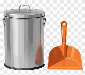 Metal Trash Can And Orange Dustpan PNG