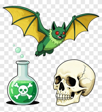 Cartoon Bat Flying Above A Skull And Poison Bottle PNG