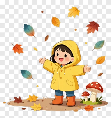 Happy Child In Yellow Raincoat Playing In Autumn Leaves PNG