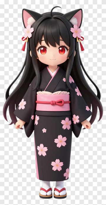 Kawaii Girl In Black Kimono With Cherry Blossom Design PNG