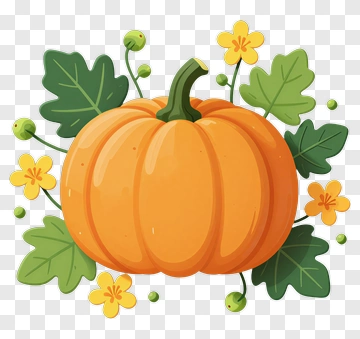 Colorful Pumpkin Surrounded By Green Leaves And Yellow Flowers PNG
