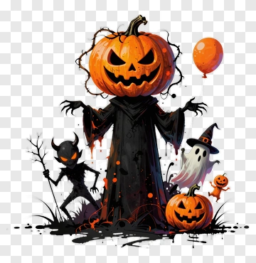 Halloween Pumpkin With Ghost And Devil PNG