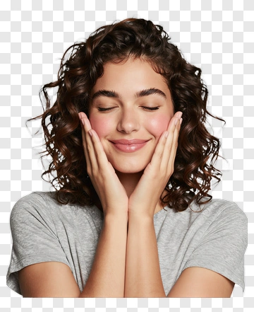 Smiling Woman Touching Her Face PNG