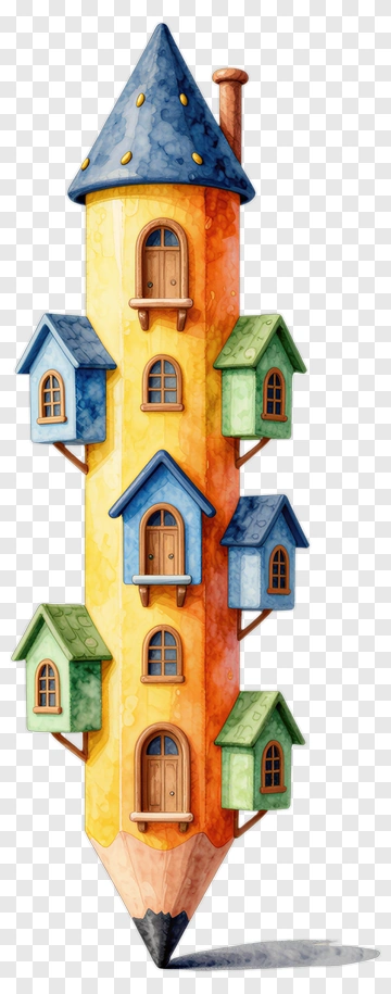 Colorful Pencil House With Small Green And Blue Birdhouses PNG
