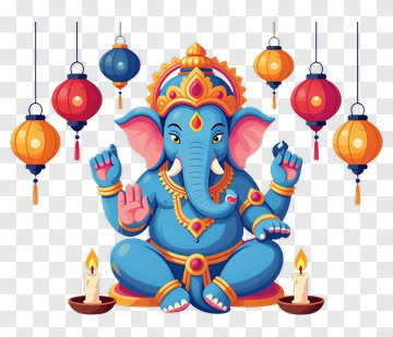 Colorful Cartoon Ganesh With Lanterns PNG