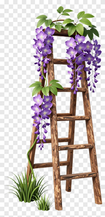Wooden Ladder With Purple Flowers And Green Leaves PNG