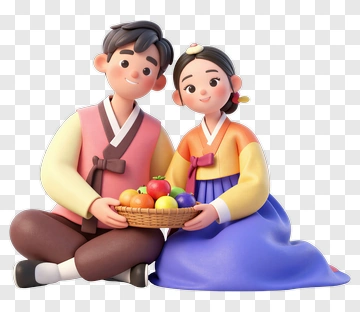 Couple Holding A Fruit Basket In Traditional Korean Attire PNG