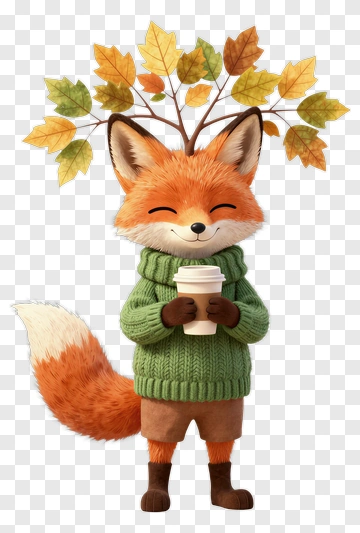 Cartoon Fox Holding A Coffee Cup With Autumn Leaves PNG