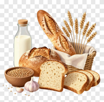 Bread And Dairy Ingredients With Wheat And Garlic PNG