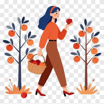 Woman Walking With A Basket Of Apples PNG