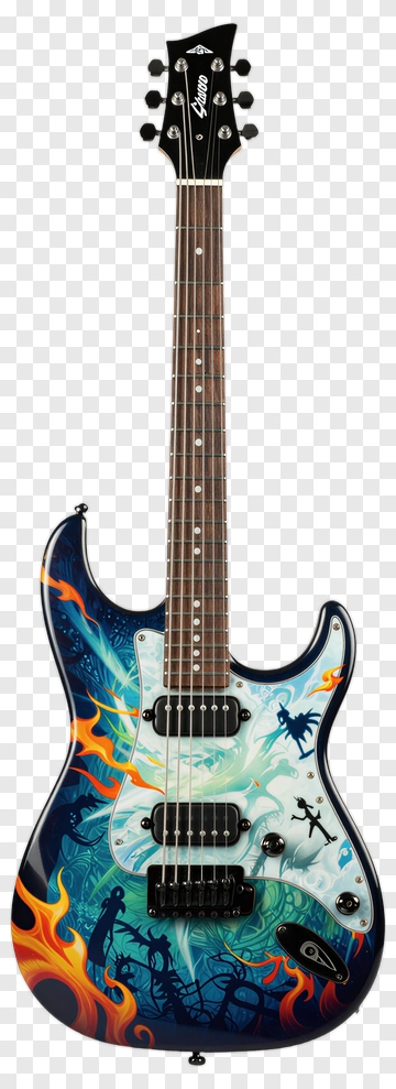 Electric Guitar With Colorful Graphic Design PNG