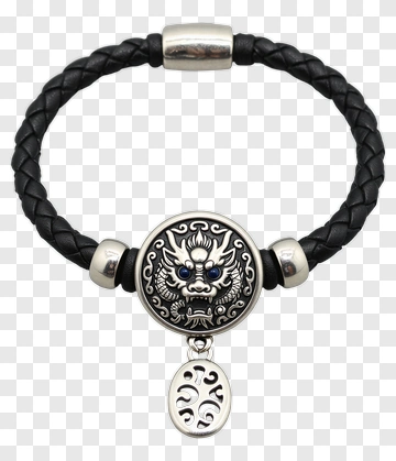 Black Leather Bracelet With Silver Dragon Charm PNG