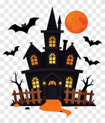 Halloween Haunted House With Bats And Moon PNG